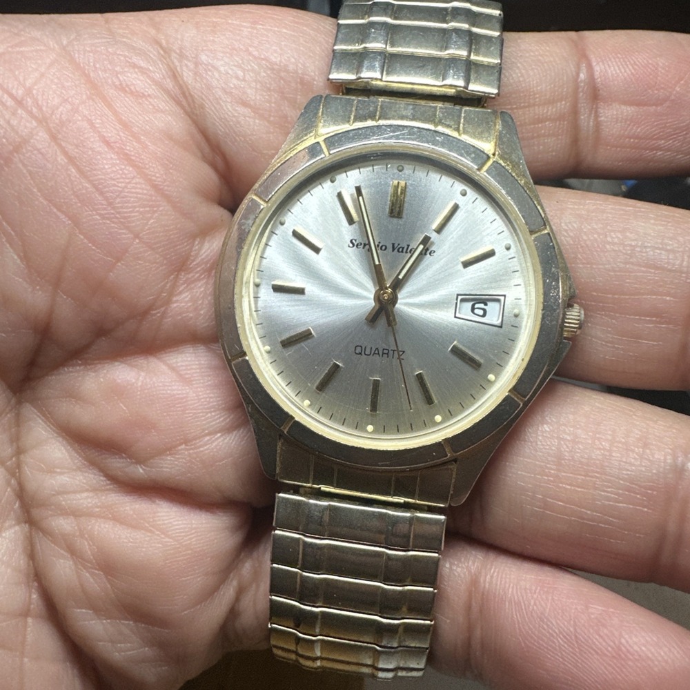 Works VINTAGE Sergio Valente Men's Gold Tone‎ Quartz Watch New Battery 37mm 7.5"